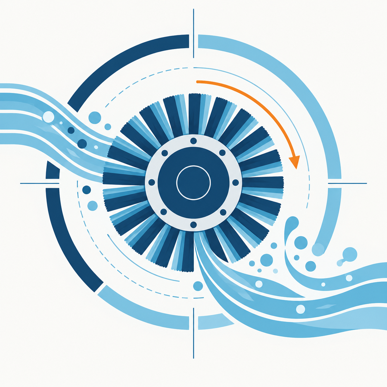Concept illustration of a rotating cleaning mechanism and flowing water